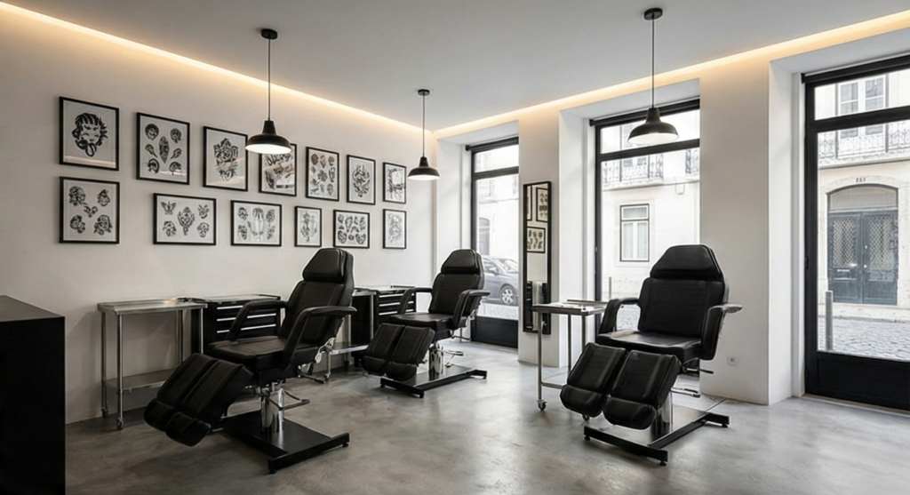 Interior do estúdio Oeiras Ink, com cadeiras de tatuagem e ambiente moderno e higienizado